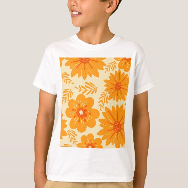 Camiseta Padrão de Flor Laranja do Meio século de Imagem Re (Frente)