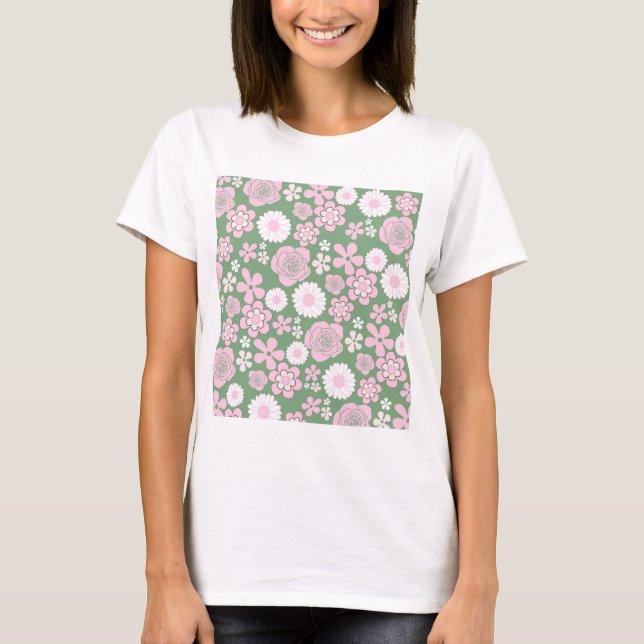 Camiseta Padrão de Flor Y2K 70s - Cor-de-rosa Verde (Frente)