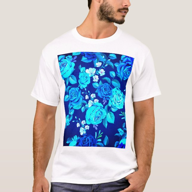 Camiseta Padrão de Flores de Rosa Azul Clássico-87600 (Frente)