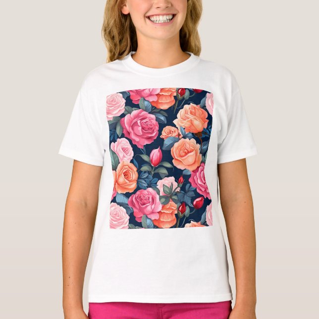 Camiseta Padrão de Flores de rosa florescente- 80037 (Frente)
