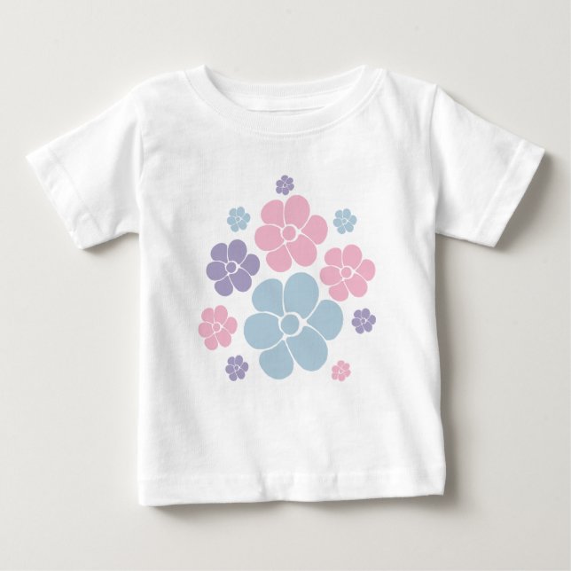 Camiseta Padrão de Flores em Azul, Lilás e Rosa (Frente)