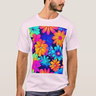 Camiseta Padrão de Flores Neon Retro