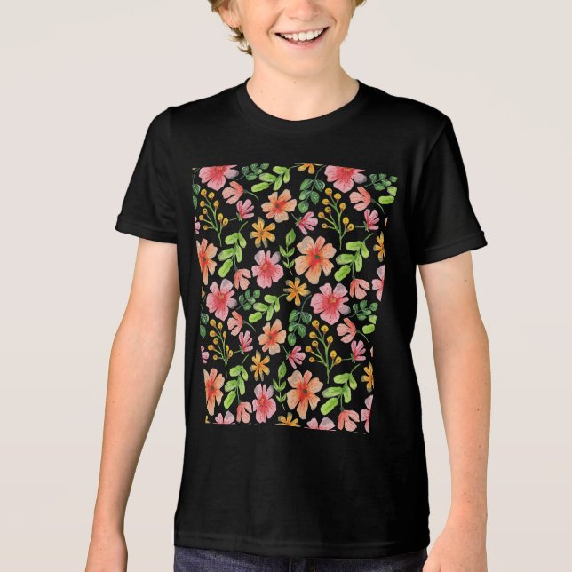 Camiseta Padrão de Flores Rosa Aquarela-69677 (Frente)