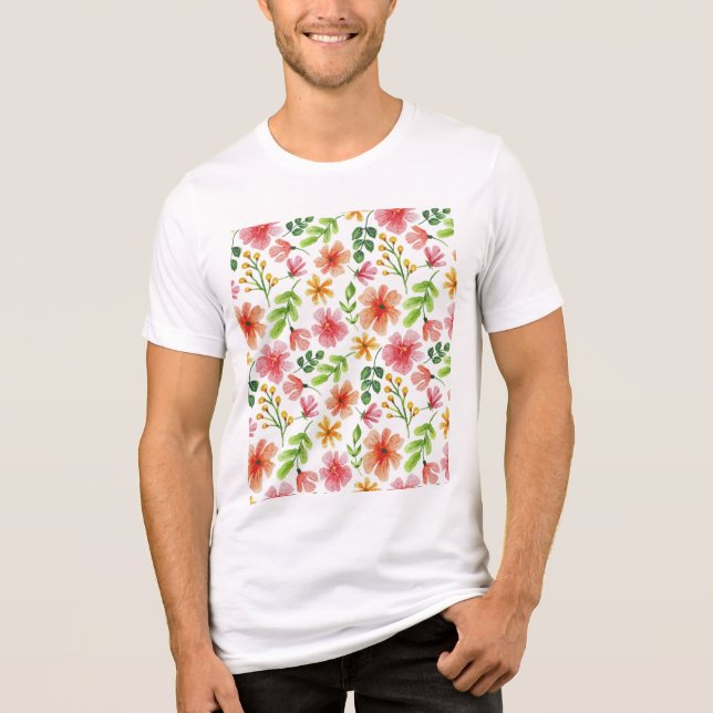 Camiseta Padrão de Flores Rosa em Aquarela (Frente)