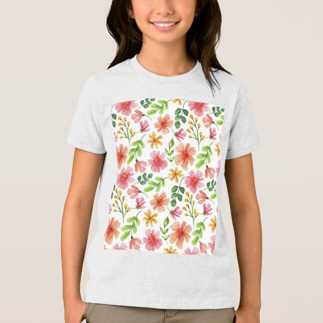 Camiseta Padrão de Flores Rosa em Aquarela (Frente)