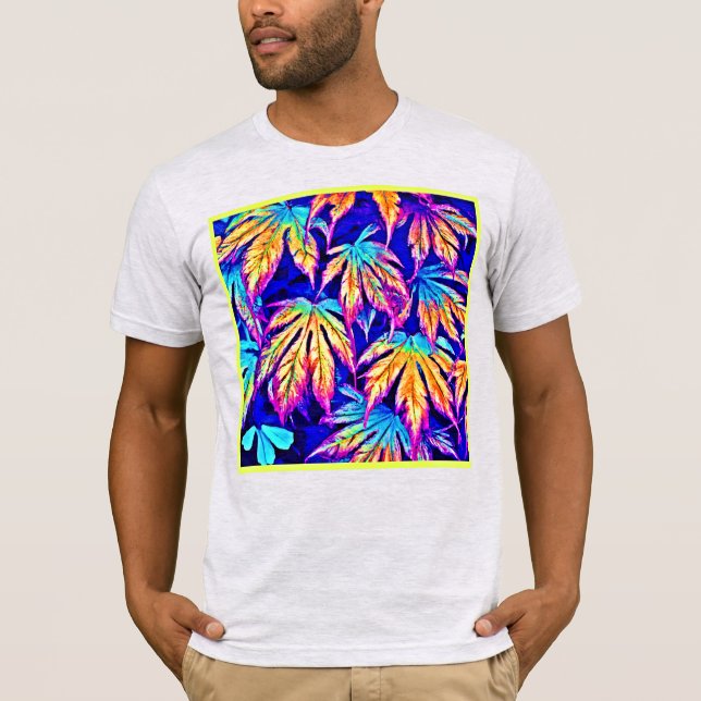 Camiseta Padrão de Folhas Coloridas Vibrantes (Frente)