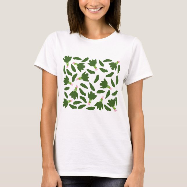 Camiseta Padrão de Folhas de Espinafre Verde (Frente)