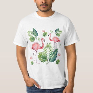 Camiseta Padrão de Folhas Tropicais de Flamingo Rosa Elega
