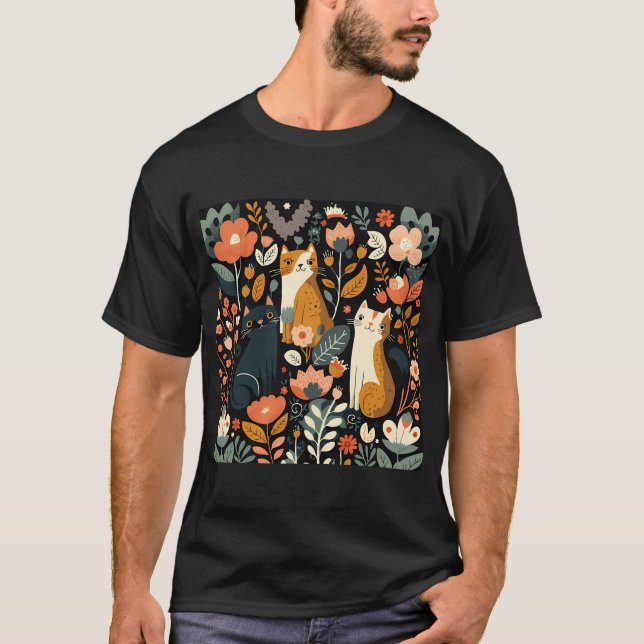 Camiseta Padrão de Gato Floral Bonito (Frente)