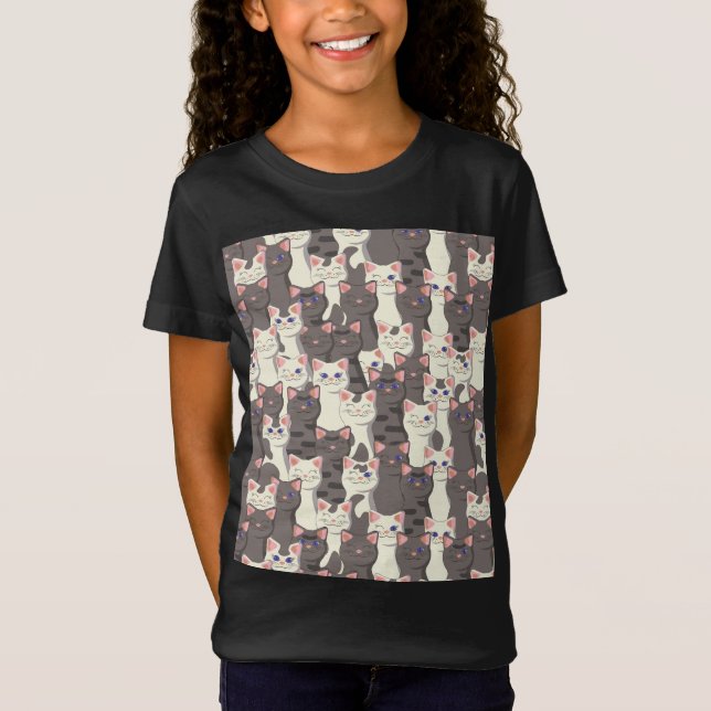 Camiseta Padrão de gatos brancos e cinzas (Frente)