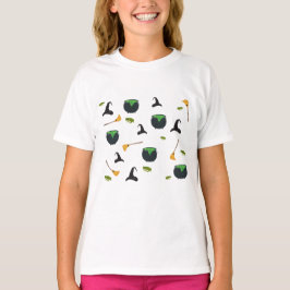 Camiseta Padrão de Halloween da Bruxa Broom Caldron