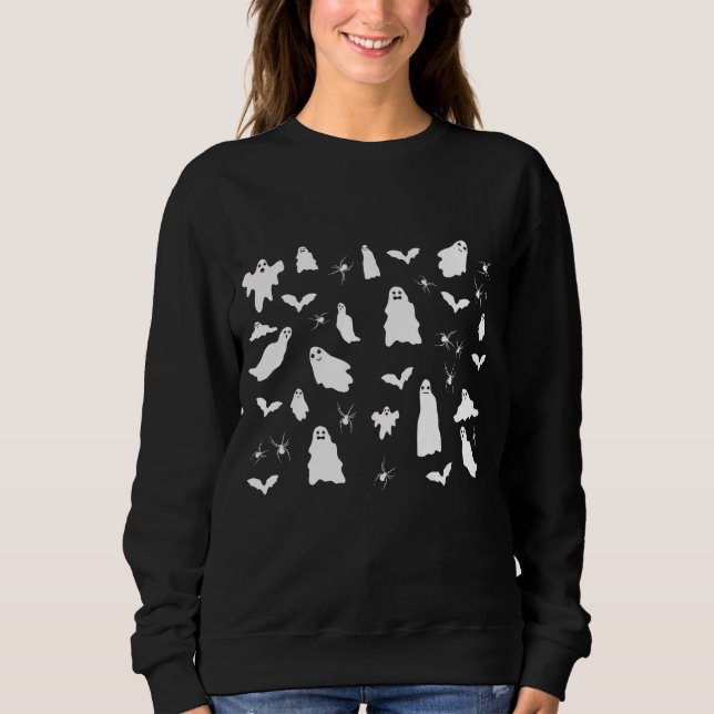 Camiseta Padrão de Halloween de Fantasma, Morcegos e Aranha (Frente)
