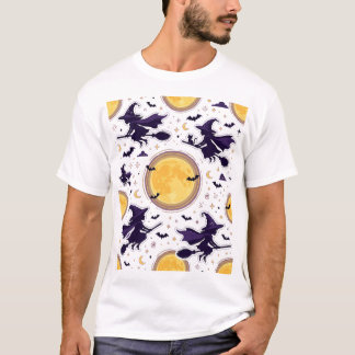 Camiseta Padrão de Halloween de Lua Cheia de Bruxas Voadora