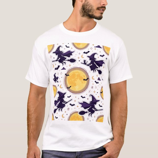 Camiseta Padrão de Halloween de Lua Cheia de Bruxas Voadora (Frente)