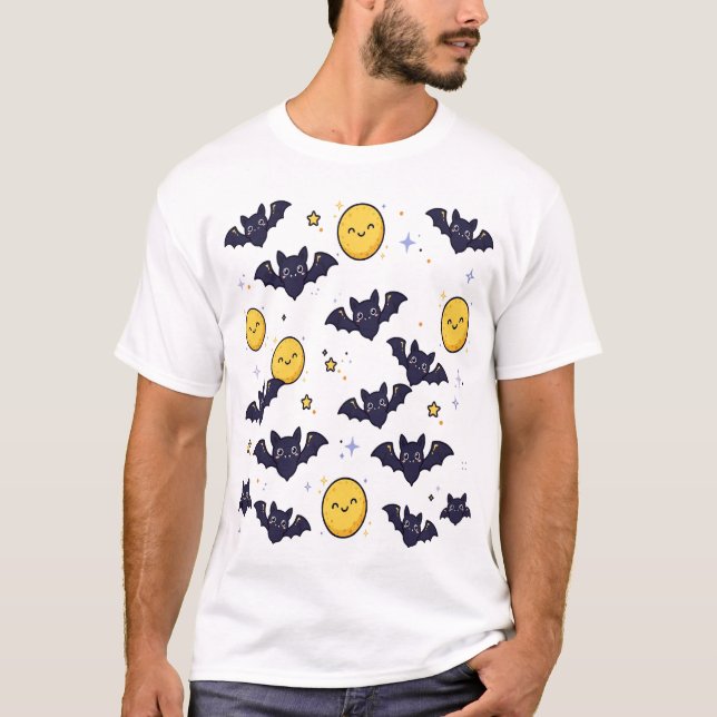 Camiseta Padrão de Halloween de Morcegos Fofos e Lua (Frente)