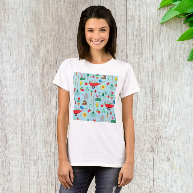 Camiseta Padrão de Jardim Flores da Primavera e Ferramentas (Criador carregado)