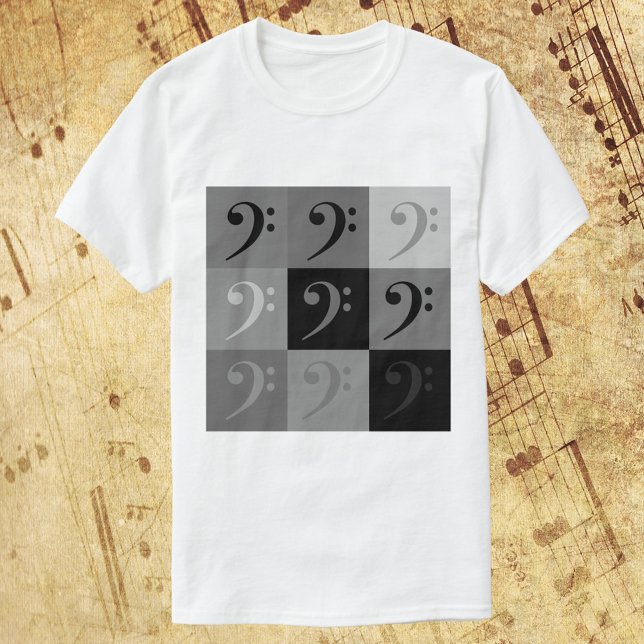 Camiseta Padrão de limpeza de latão em preto e Cinza (A shirt with a black and gray pattern of bass clef)