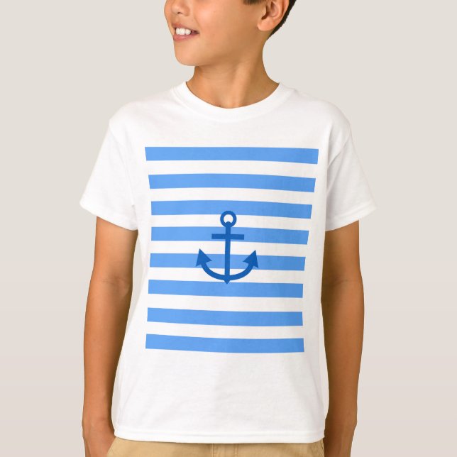 Camiseta Padrão de Listras Azuis e Brancas com Âncora (Frente)