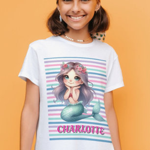 Camiseta Padrão de listras de sereia rosa personalizado