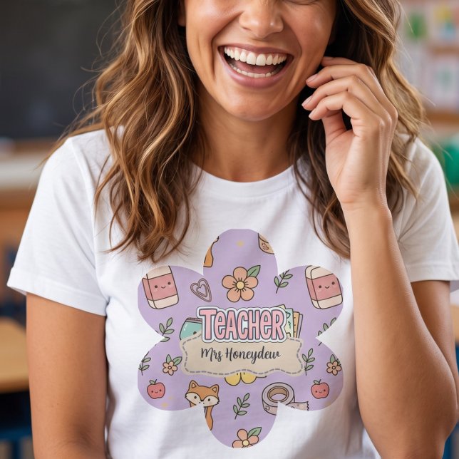 Camiseta Padrão de Material Escolar do Professor Roxo  (Criador carregado)