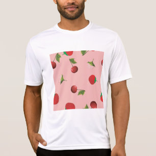 Camiseta Padrão de Morango Vermelho e Cereja Fruta Rosa
