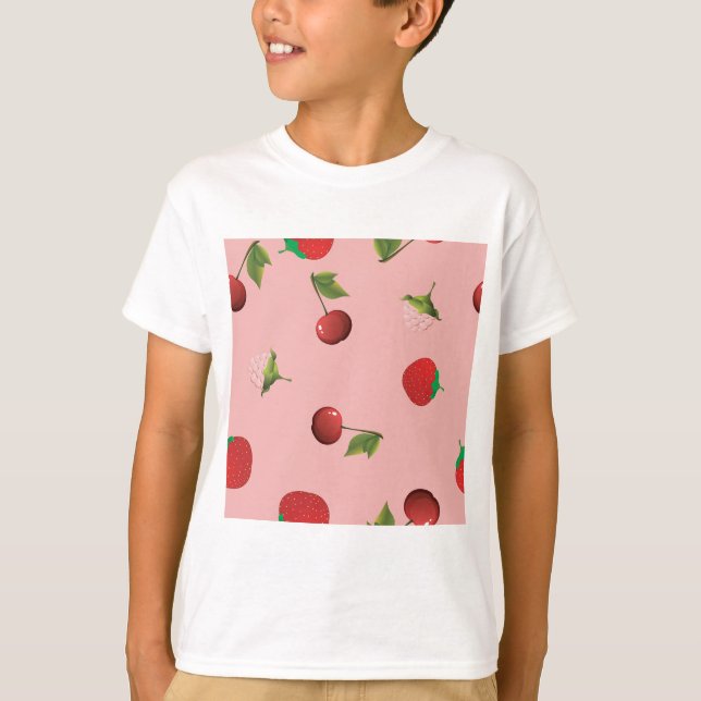 Camiseta Padrão de Morango Vermelho e Cereja Fruta Rosa (Frente)