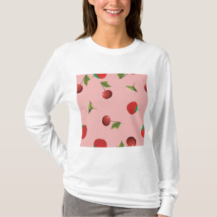Camiseta Padrão de Morango Vermelho e Cereja Fruta Rosa