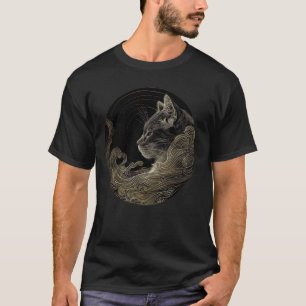 Camiseta Padrão de Onda de Gatinho Vintage Arte Japonesa Pe