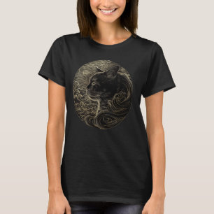 Camiseta Padrão de Onda de Gatinho Vintage Arte Japonesa Pe