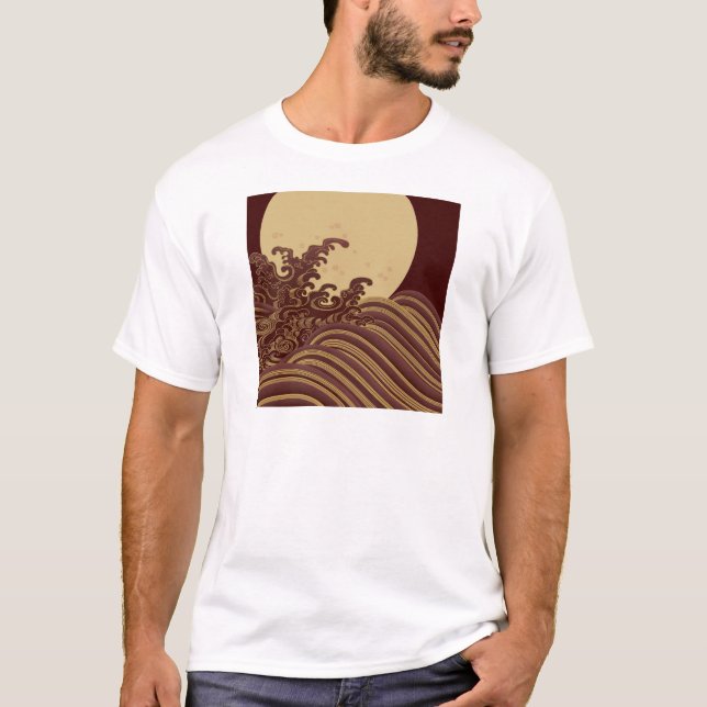 Camiseta Padrão de Onda e Lua Tradicional Japonês (Frente)