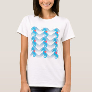 Camiseta Padrão De Ondas Azuis E Cavalos-Do-Mar