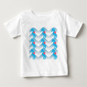 Camiseta Padrão De Ondas Azuis E Cavalos-Do-Mar