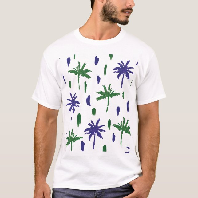 Camiseta Padrão de Palma Verde marinho Azul (Frente)