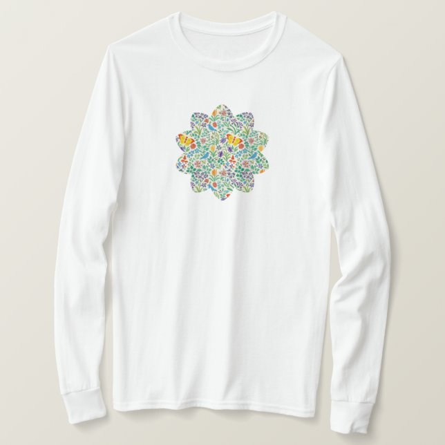 Camiseta Padrão de Pássaros, Borboletas e Flores Silvestres (Frente do Design)