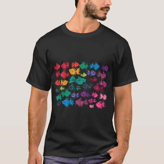 Camiseta Padrão de Peixe Aquarela Arco-íris (Frente)