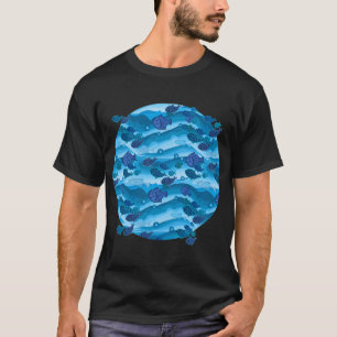 Camiseta Padrão de Peixes Ondas Azuis