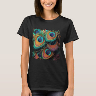 Camiseta Padrão de Penas de Peacock Coloridas Vintage