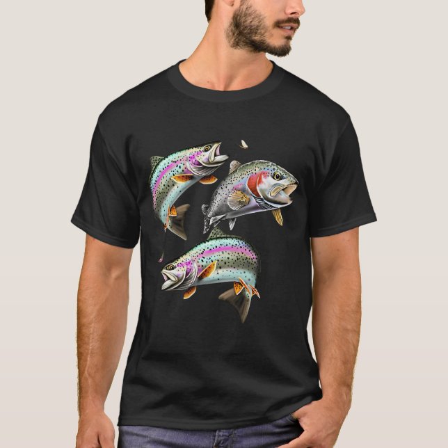 Camiseta Padrão de pesca com mosca de truta arco-íris - Equ (Frente)