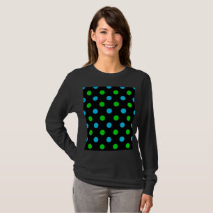 Camiseta Padrão de Pontos Azul e Verde em Preto