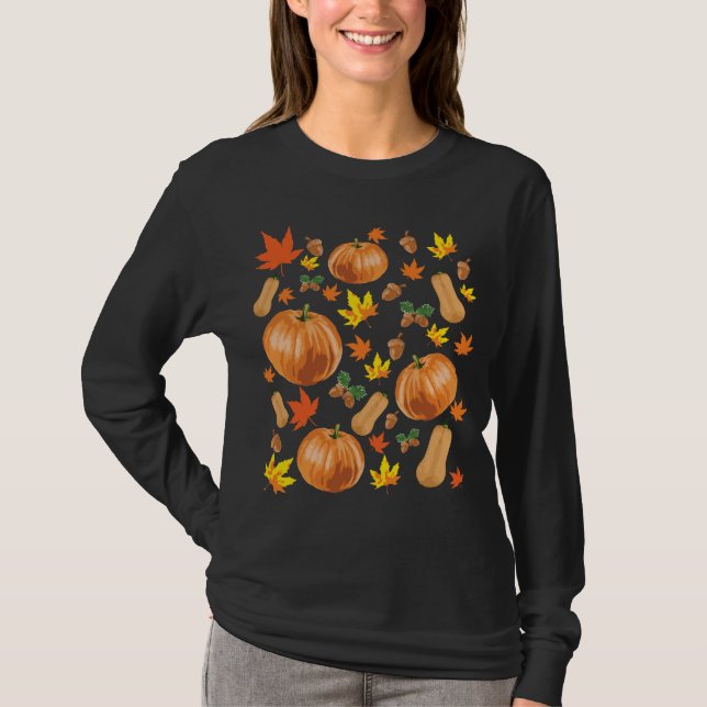 Camiseta Padrão de queda de abóbora de laranja de outono (Frente)