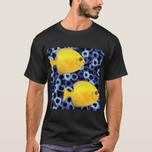 Camiseta Padrão de Recife de Coral Índigo com Peixe Amarelo