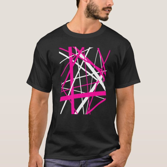 Camiseta Padrão de Recortes Geométricas Vermelhas, Rosa e B (Frente)