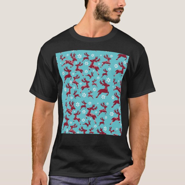 Camiseta Padrão de Reindeer de Natal Azul (Frente)