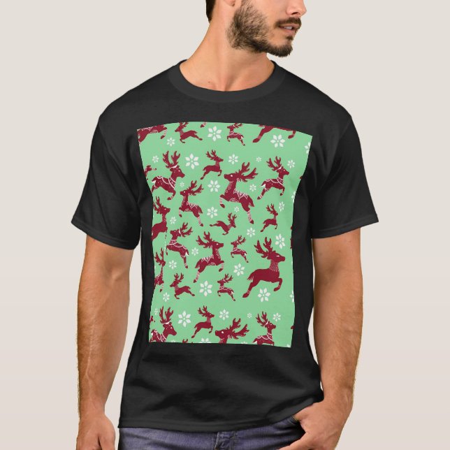 Camiseta Padrão de Reindeer de Natal Verde (Frente)