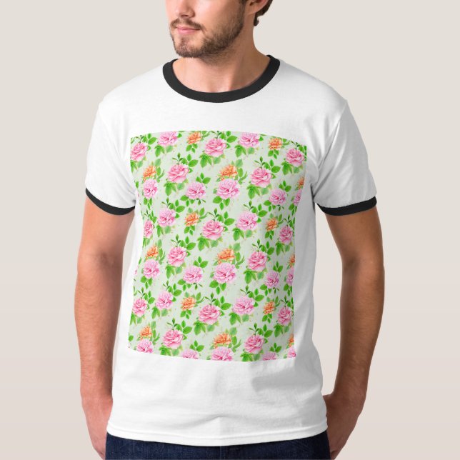 Camiseta Padrão de Rosas Cor-de-Rosa Floral (Frente)