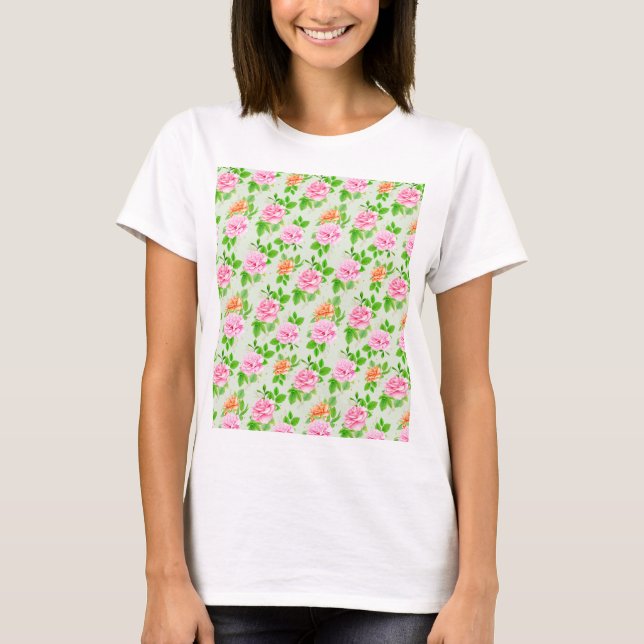 Camiseta Padrão de Rosas Cor-de-Rosa Floral (Frente)