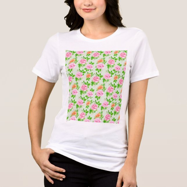 Camiseta Padrão de Rosas Cor-de-Rosa Floral (Frente)