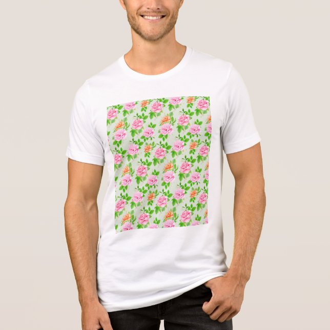Camiseta Padrão de Rosas Cor-de-Rosa Floral (Frente)