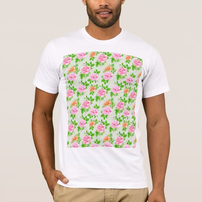 Camiseta Padrão de Rosas Cor-de-Rosa Floral (Frente)
