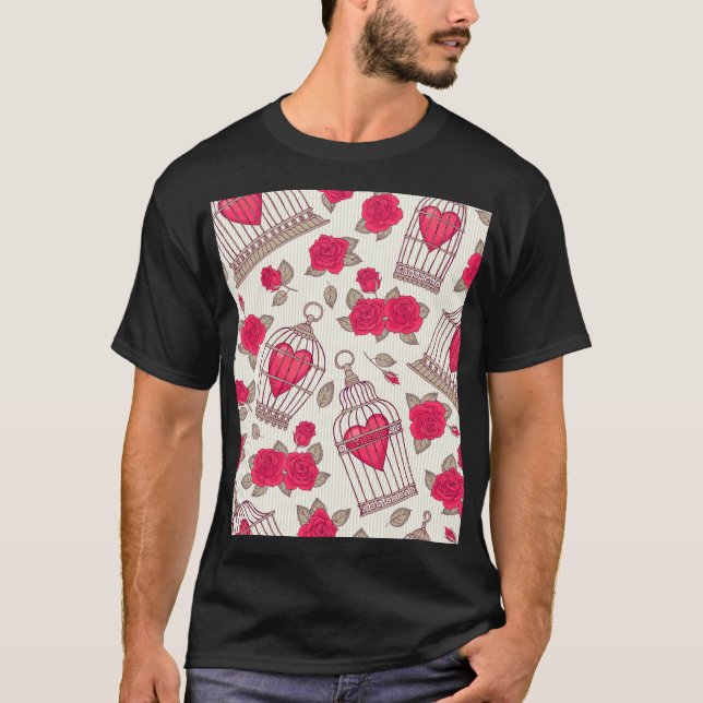 Camiseta Padrão de Rosas de Gaiolas Florais (Frente)